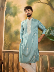 Ethnic Bay Men Blue Silk Blend Solid Embroidered Straight Kurta with Trouser-MKSET1490
