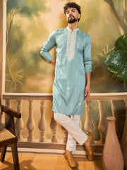 Ethnic Bay Men Blue Silk Blend Solid Embroidered Straight Kurta with Trouser-MKSET1490