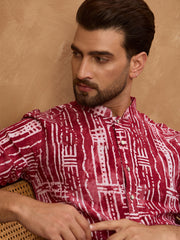Ethnic Bay Men Red Viscose Rayon Batik Embroidered Straight Kurta-MKU1499