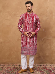 Ethnic Bay Men Red Viscose Rayon Batik Embroidered Straight Kurta-MKU1499