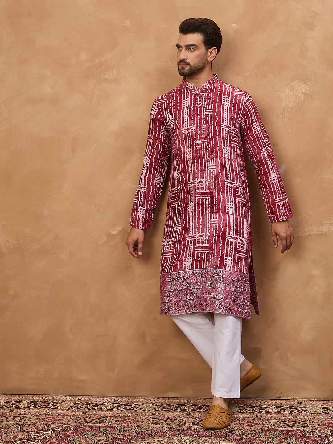 Ethnic Bay Men Red Viscose Rayon Batik Embroidered Straight Kurta-MKU1499