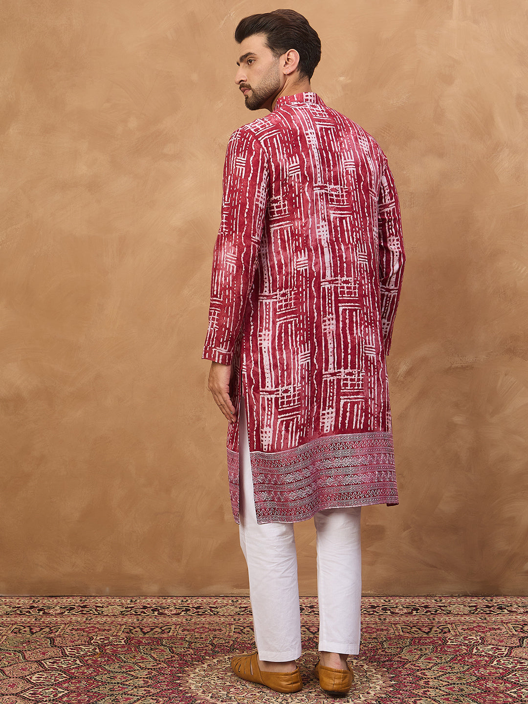 Ethnic Bay Men Red Viscose Rayon Batik Embroidered Straight Kurta-MKU1499