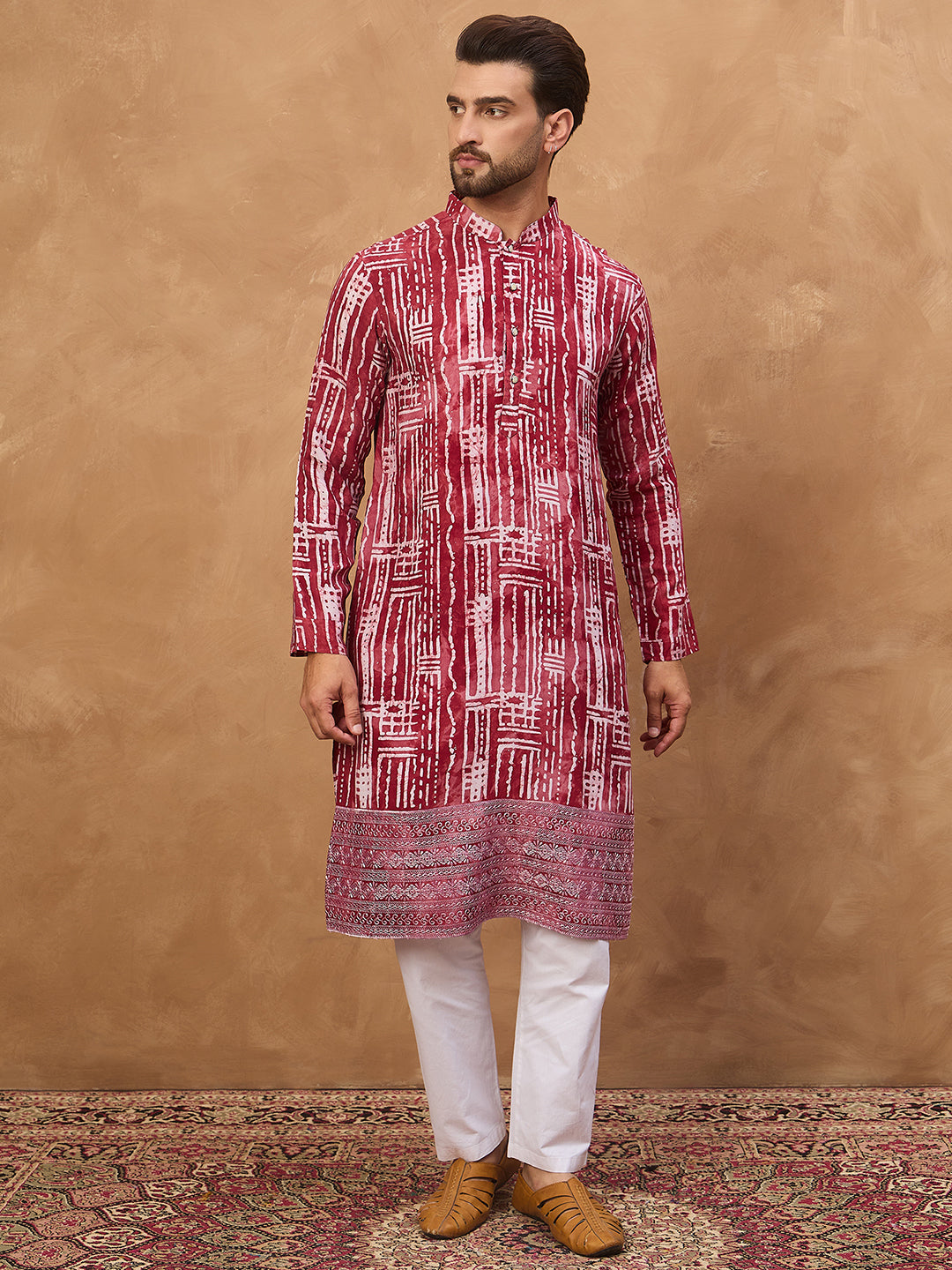 Ethnic Bay Men Red Viscose Rayon Batik Embroidered Straight Kurta-MKU1499