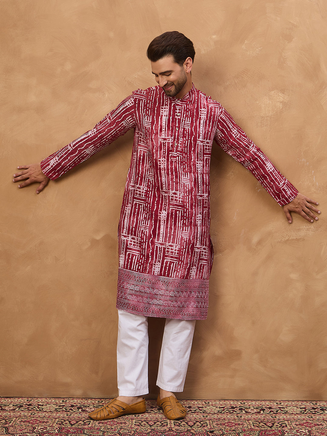 Ethnic Bay Men Red Viscose Rayon Batik Embroidered Straight Kurta-MKU1499
