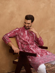Ethnic Bay Men Red Viscose Rayon Batik Embroidered Straight Kurta-MKU1499