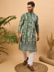 Ethnic Bay Men Green Viscose Rayon Batik Embroidered Straight Kurta-MKU1500