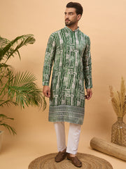Ethnic Bay Men Green Viscose Rayon Batik Embroidered Straight Kurta-MKU1500