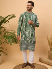 Ethnic Bay Men Green Viscose Rayon Batik Embroidered Straight Kurta-MKU1500