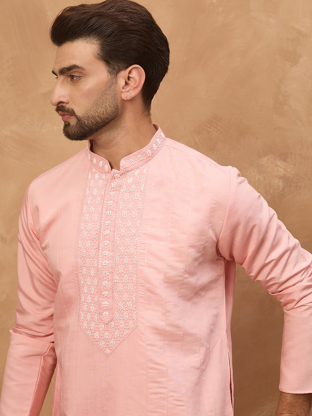 Ethnic Bay Men Peach Silk Blend Solid Solid Straight Kurta-MKU1506