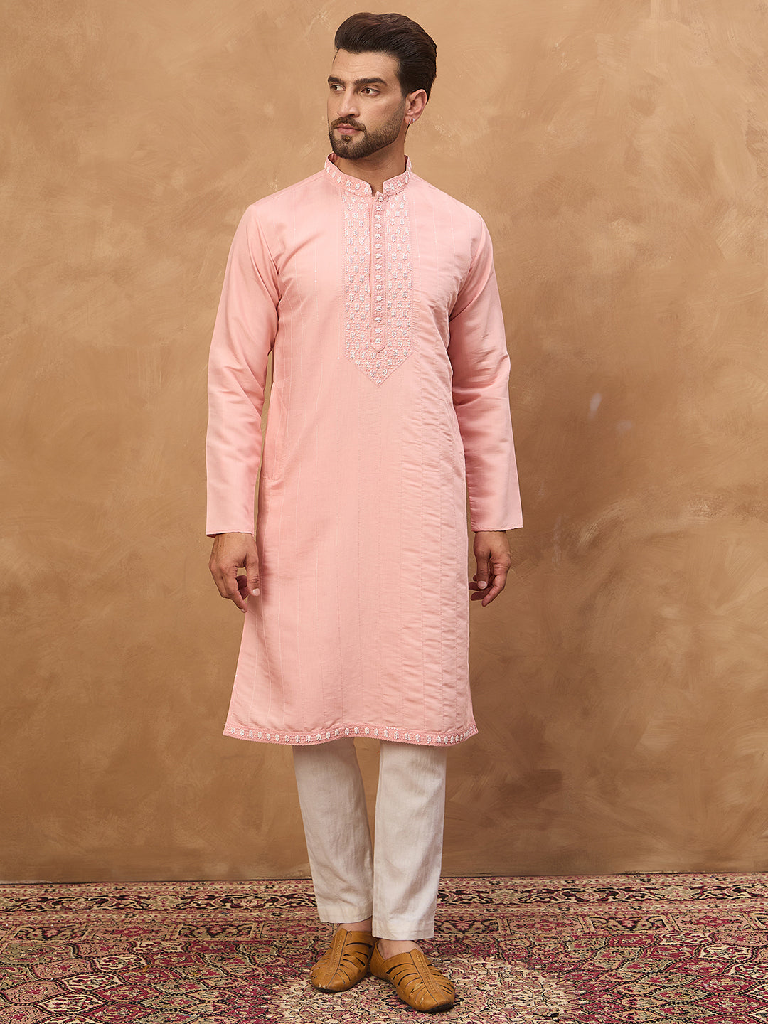 Ethnic Bay Men Peach Silk Blend Solid Solid Straight Kurta-MKU1506
