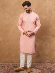 Ethnic Bay Men Peach Silk Blend Solid Solid Straight Kurta-MKU1506
