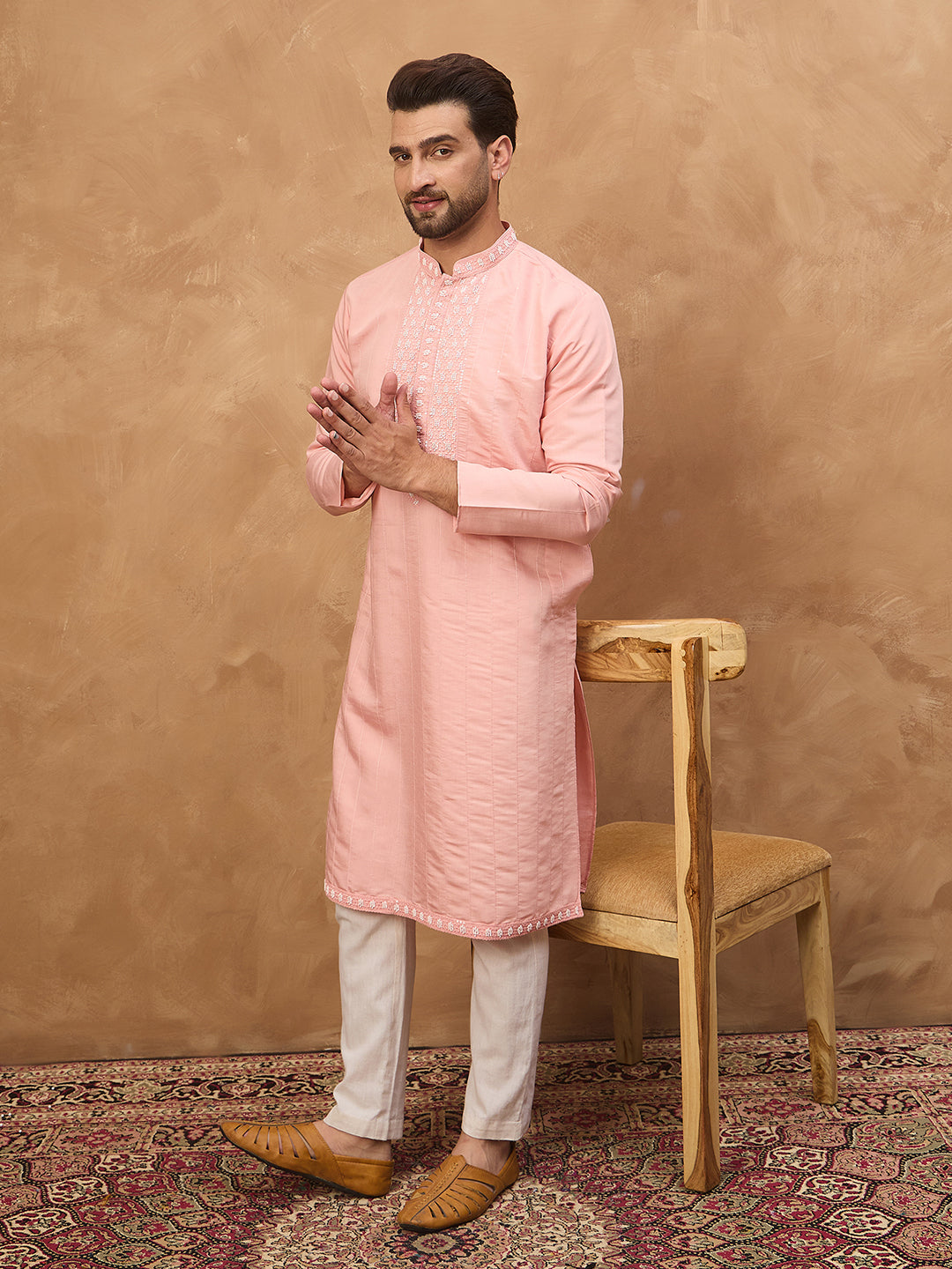 Ethnic Bay Men Peach Silk Blend Solid Solid Straight Kurta-MKU1506