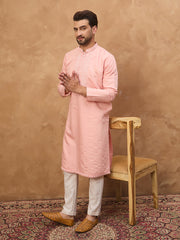Ethnic Bay Men Peach Silk Blend Solid Solid Straight Kurta-MKU1506