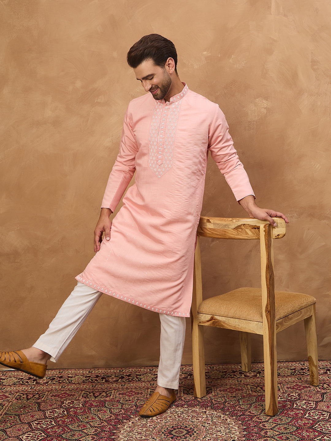 Ethnic Bay Men Peach Silk Blend Solid Solid Straight Kurta-MKU1506