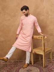 Ethnic Bay Men Peach Silk Blend Solid Solid Straight Kurta-MKU1506