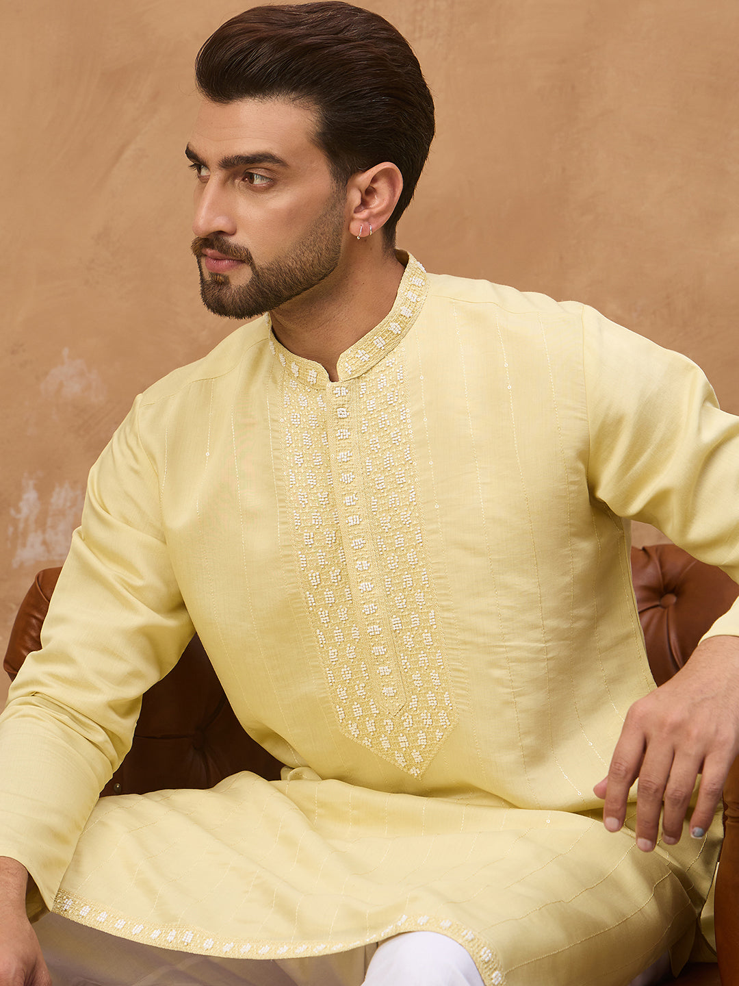 Ethnic Bay Men Yellow Silk Blend Solid Embroidered Straight Kurta-MKU1507