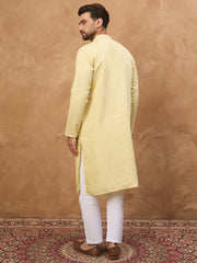 Ethnic Bay Men Yellow Silk Blend Solid Embroidered Straight Kurta-MKU1507