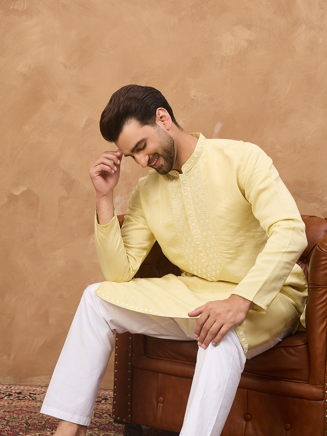 Ethnic Bay Men Yellow Silk Blend Solid Embroidered Straight Kurta-MKU1507