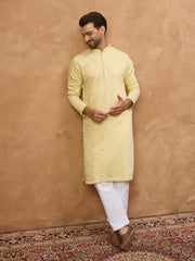 Ethnic Bay Men Yellow Silk Blend Solid Embroidered Straight Kurta-MKU1507