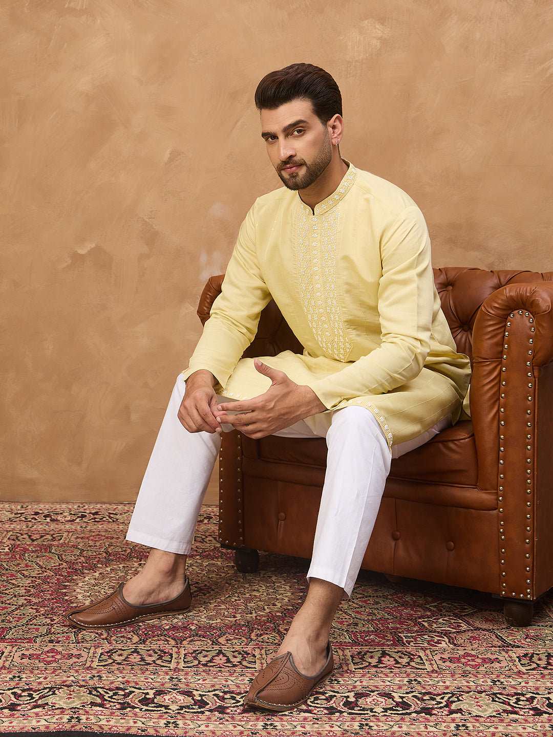 Ethnic Bay Men Yellow Silk Blend Solid Embroidered Straight Kurta-MKU1507