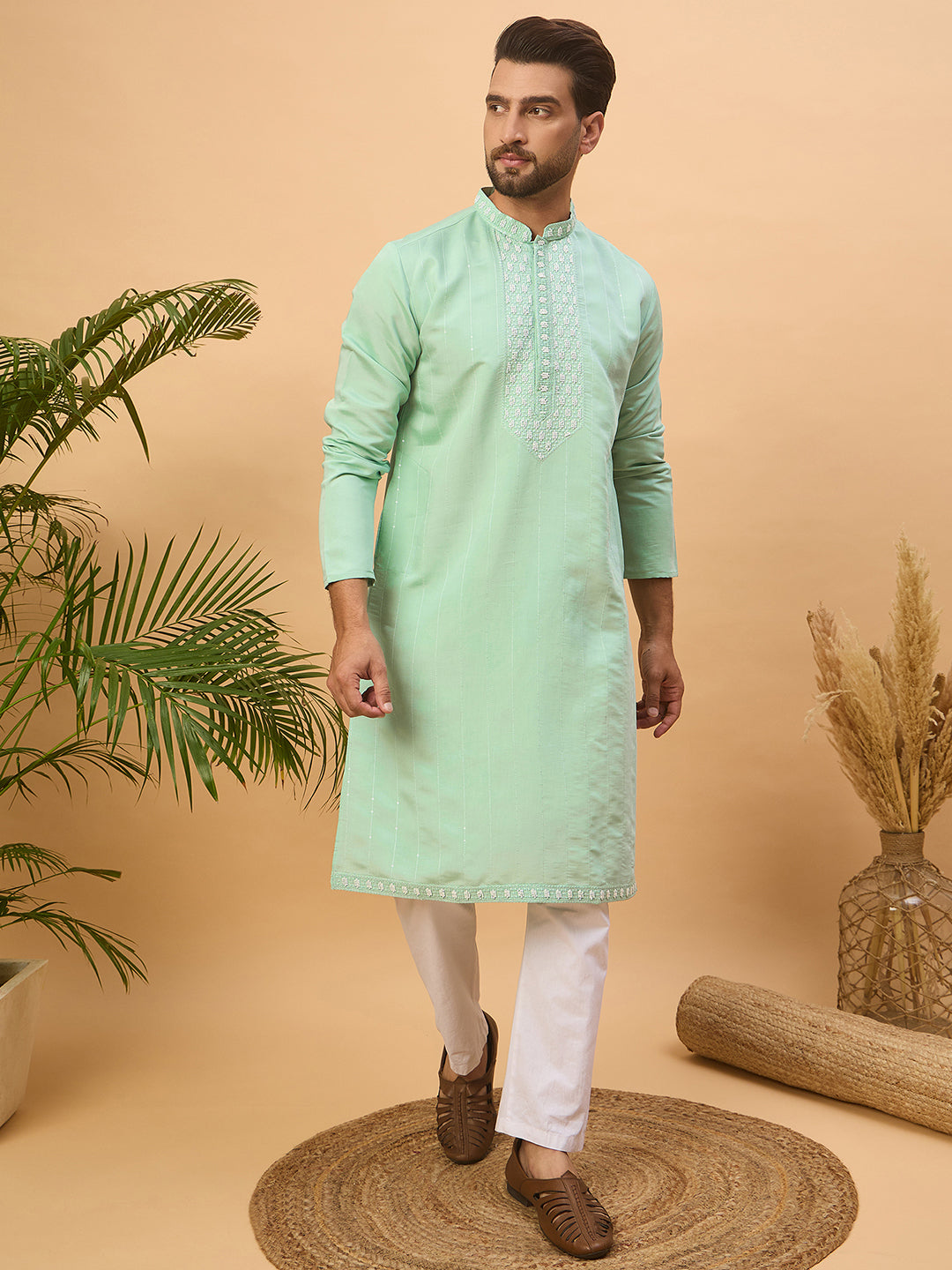 Ethnic Bay Men Blue Silk Blend Solid Embroidered Straight Kurta-MKU1508