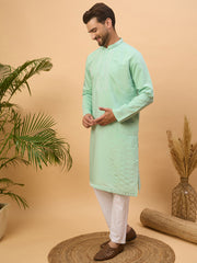 Ethnic Bay Men Blue Silk Blend Solid Embroidered Straight Kurta-MKU1508