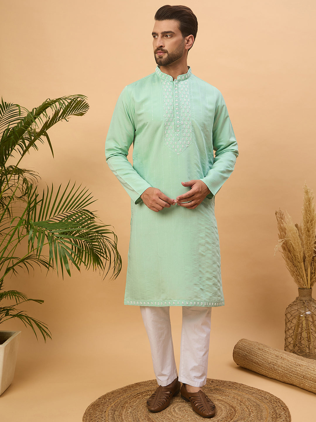 Ethnic Bay Men Blue Silk Blend Solid Embroidered Straight Kurta-MKU1508