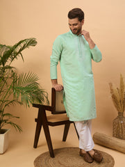 Ethnic Bay Men Blue Silk Blend Solid Embroidered Straight Kurta-MKU1508