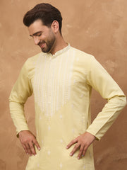 Ethnic Bay Men Yellow Silk Blend Solid Embroidered Straight Kurta-MKU1509