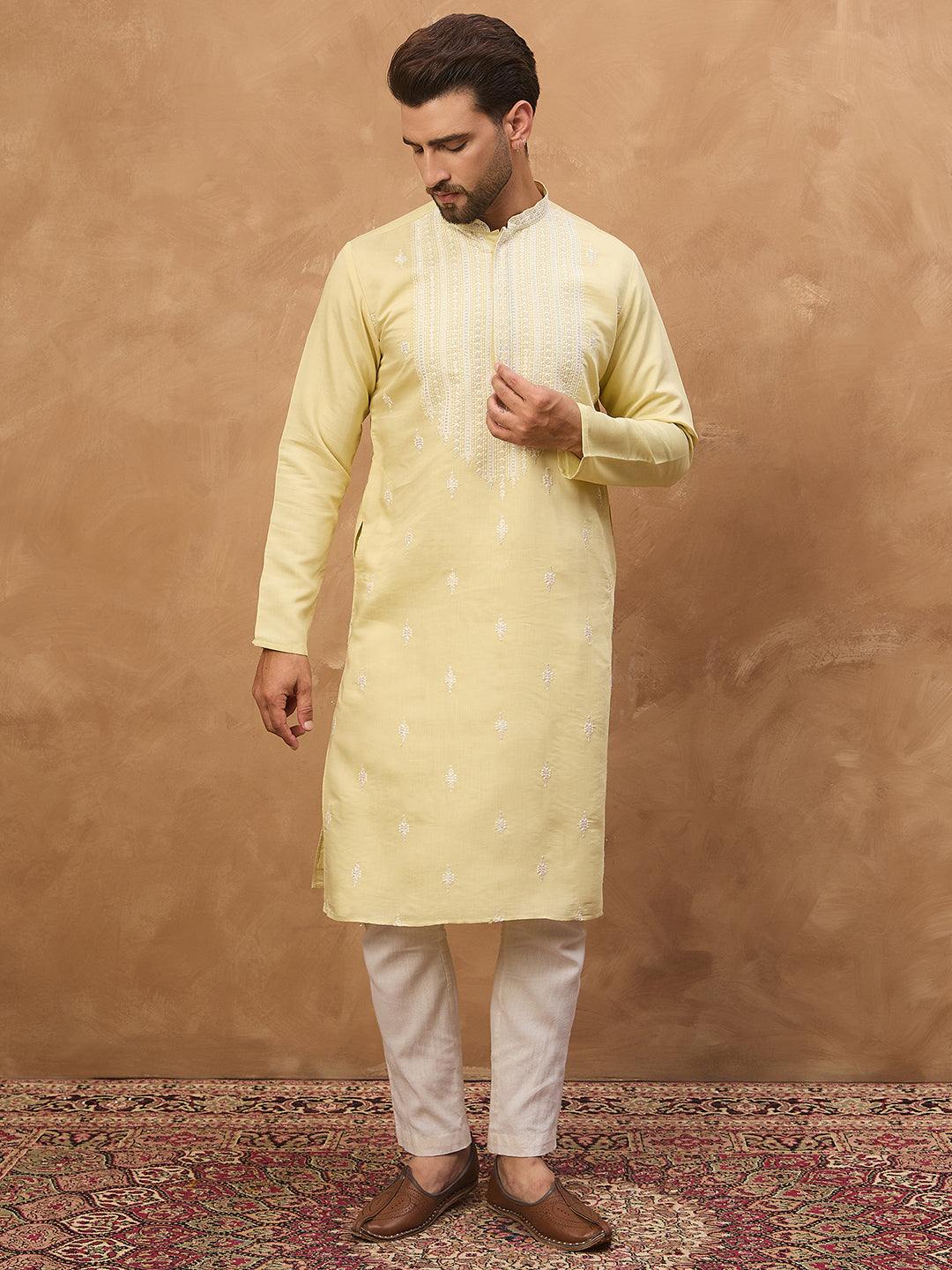 Ethnic Bay Men Yellow Silk Blend Solid Embroidered Straight Kurta-MKU1509