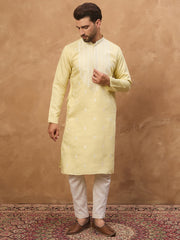 Ethnic Bay Men Yellow Silk Blend Solid Embroidered Straight Kurta-MKU1509
