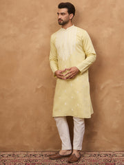 Ethnic Bay Men Yellow Silk Blend Solid Embroidered Straight Kurta-MKU1509
