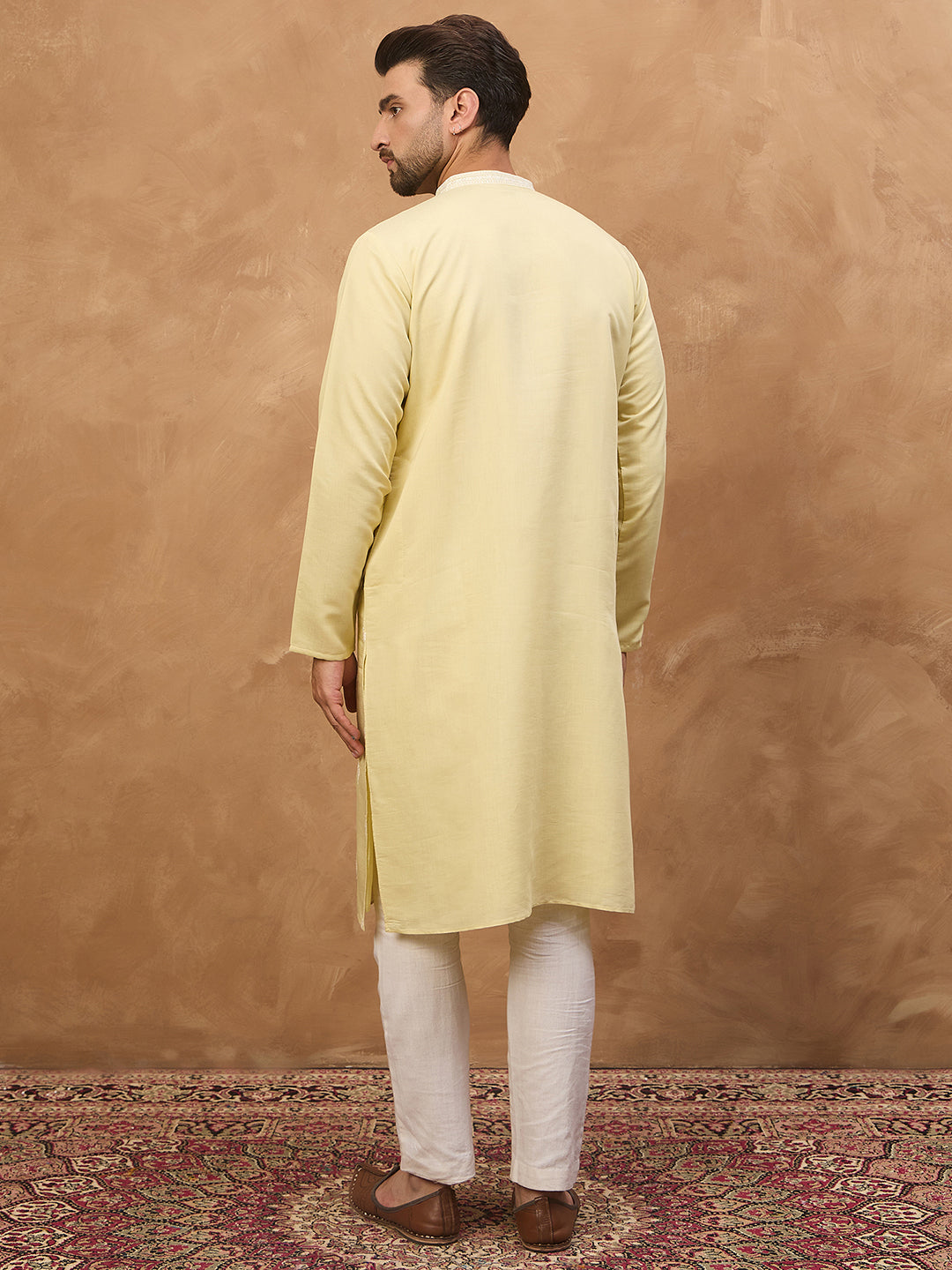 Ethnic Bay Men Yellow Silk Blend Solid Embroidered Straight Kurta-MKU1509