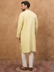 Ethnic Bay Men Yellow Silk Blend Solid Embroidered Straight Kurta-MKU1509