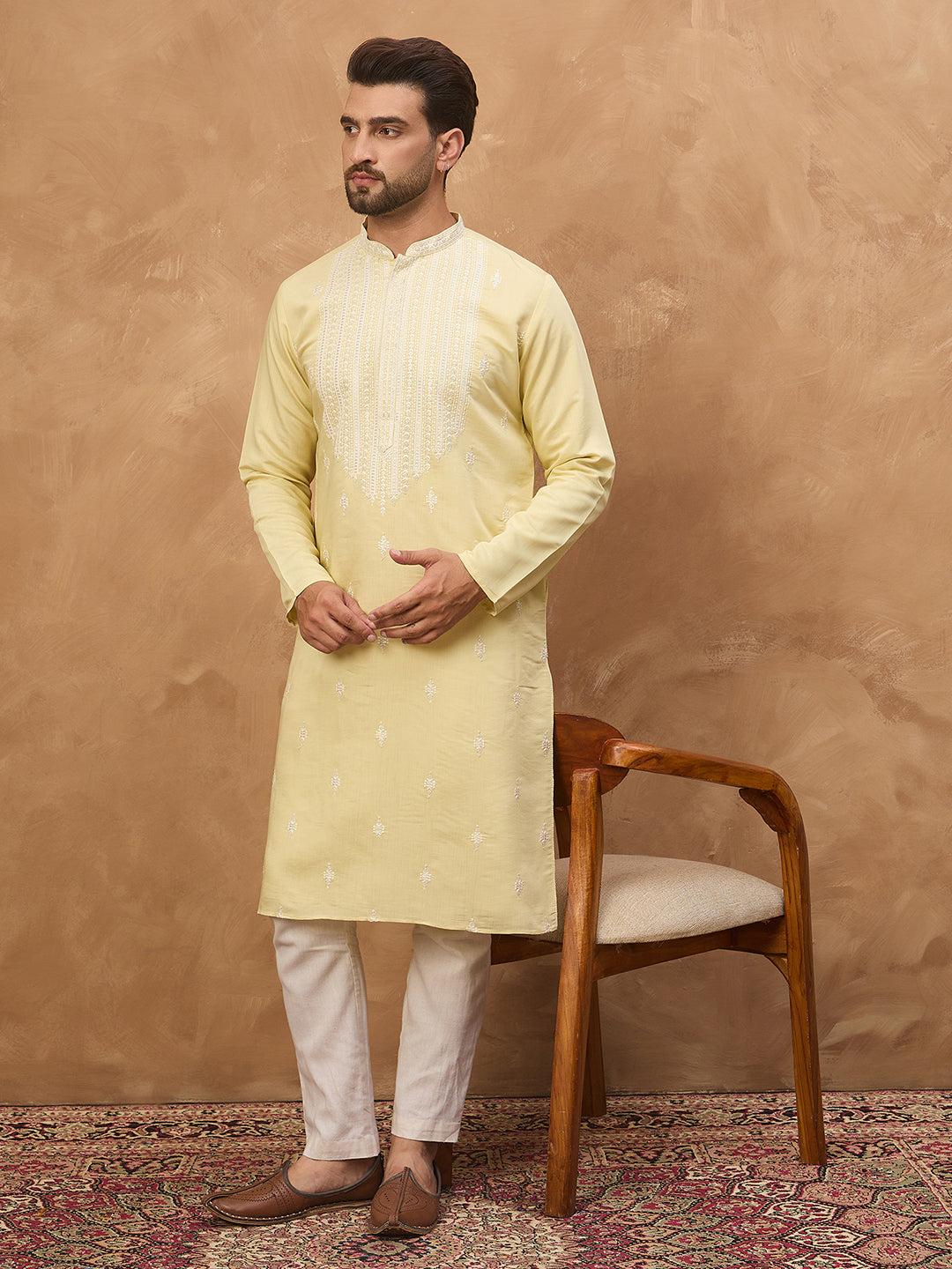 Ethnic Bay Men Yellow Silk Blend Solid Embroidered Straight Kurta-MKU1509