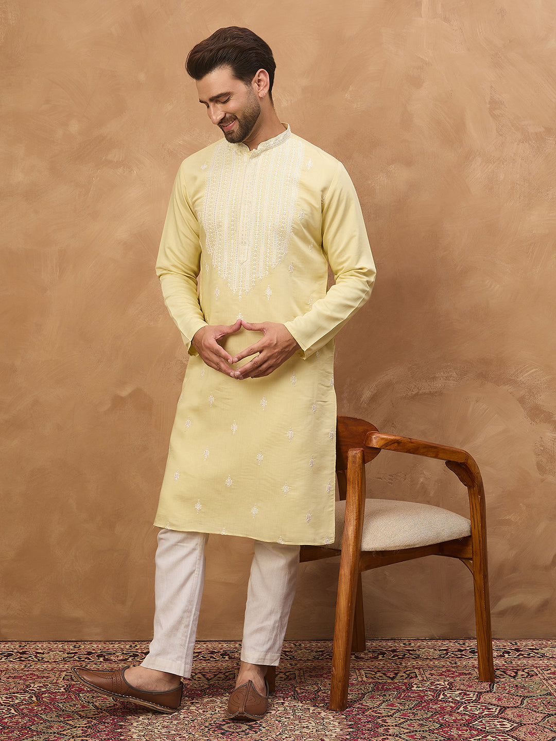 Ethnic Bay Men Yellow Silk Blend Solid Embroidered Straight Kurta-MKU1509