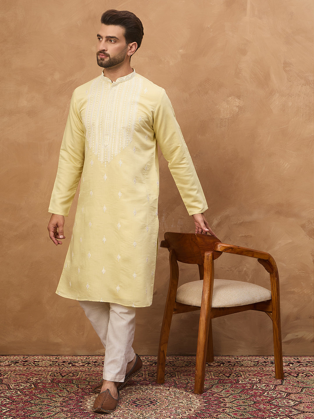 Ethnic Bay Men Yellow Silk Blend Solid Embroidered Straight Kurta-MKU1509