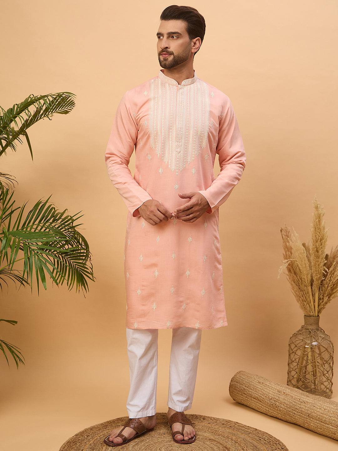 Ethnic Bay Men Peach Silk Blend Solid Embroidered Straight Kurta-MKU1510