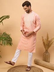Ethnic Bay Men Peach Silk Blend Solid Embroidered Straight Kurta-MKU1510