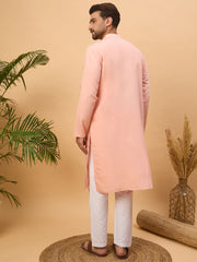 Ethnic Bay Men Peach Silk Blend Solid Embroidered Straight Kurta-MKU1510