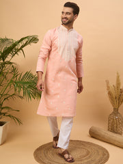 Ethnic Bay Men Peach Silk Blend Solid Embroidered Straight Kurta-MKU1510