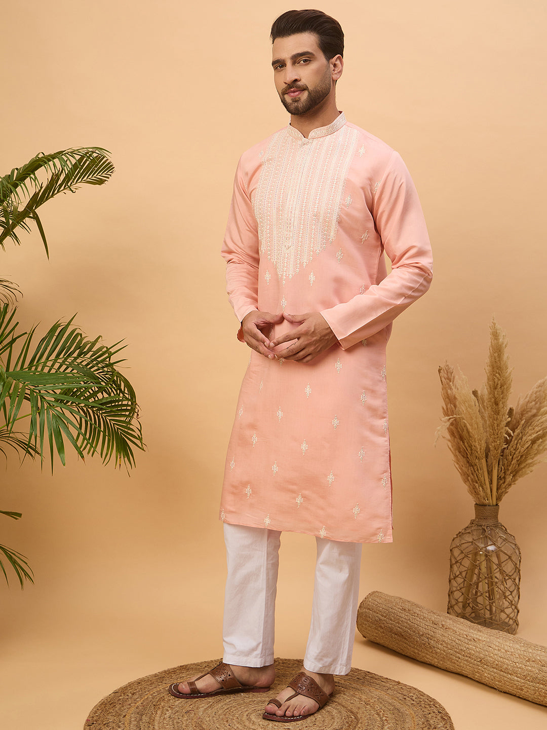 Ethnic Bay Men Peach Silk Blend Solid Embroidered Straight Kurta-MKU1510