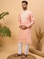 Ethnic Bay Men Peach Silk Blend Solid Embroidered Straight Kurta-MKU1510