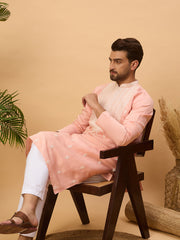 Ethnic Bay Men Peach Silk Blend Solid Embroidered Straight Kurta-MKU1510