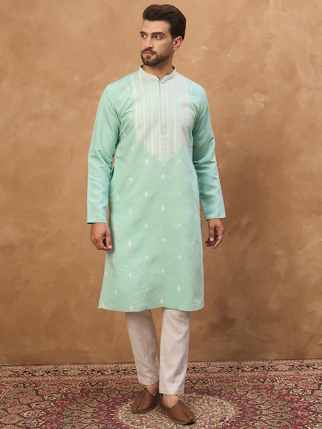 Ethnic Bay Men Blue Silk Blend Solid Embroidered Straight Kurta-MKU1511
