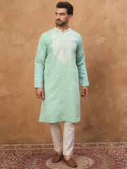 Ethnic Bay Men Blue Silk Blend Solid Embroidered Straight Kurta-MKU1511