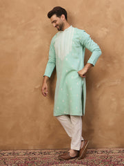 Ethnic Bay Men Blue Silk Blend Solid Embroidered Straight Kurta-MKU1511