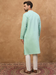 Ethnic Bay Men Blue Silk Blend Solid Embroidered Straight Kurta-MKU1511