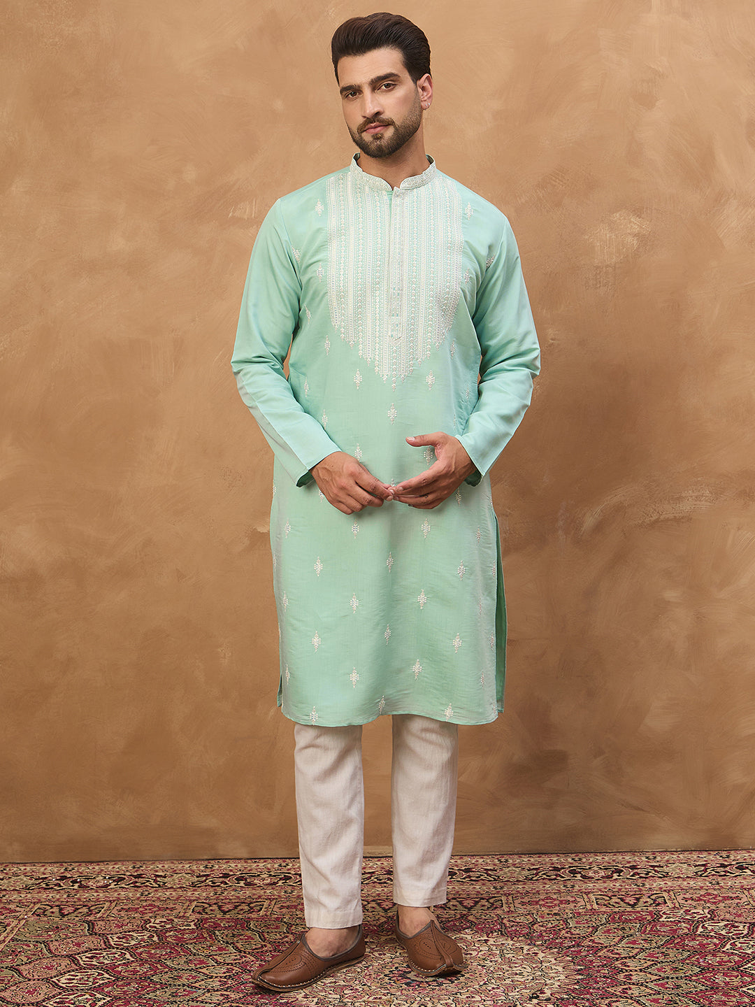 Ethnic Bay Men Blue Silk Blend Solid Embroidered Straight Kurta-MKU1511