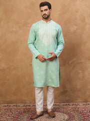 Ethnic Bay Men Blue Silk Blend Solid Embroidered Straight Kurta-MKU1511
